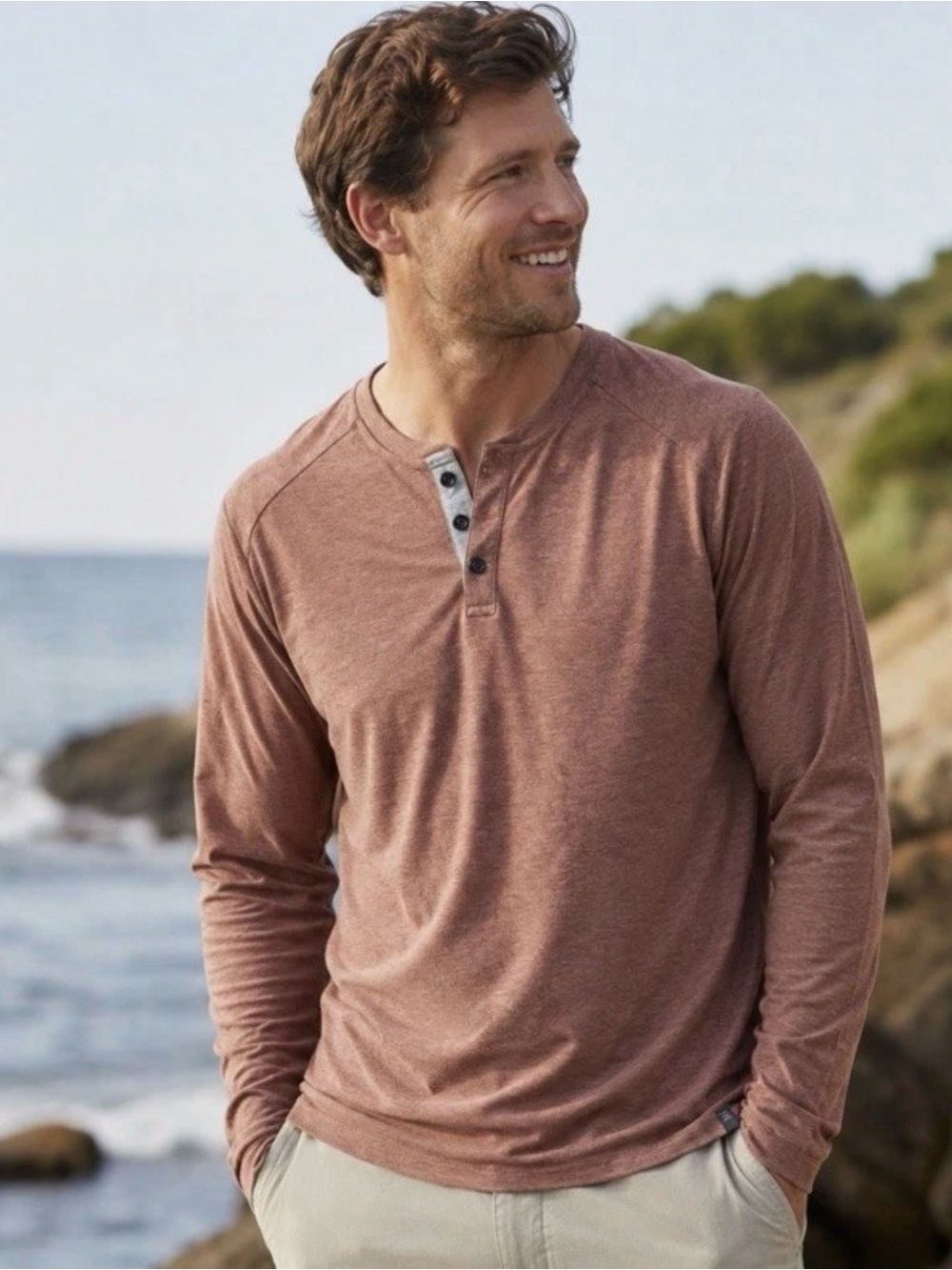 Free Fly Men’s Large Bamboo Long Sleeve Henley Shirt Heathered Rose Performance
